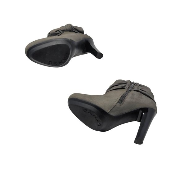 Vtg DKNY Vegan Faux Suede Gray Wynette Ankle Boots Sz 6 Heel Bow Booties - Picture 10 of 11